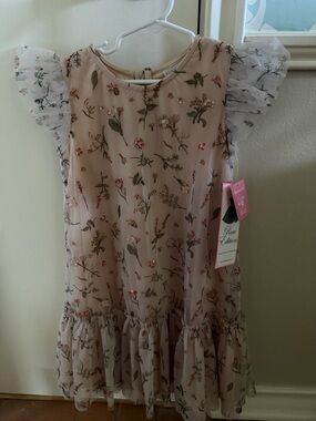Rare Editions Blush Floral Chiffon Party Dress with Ruffle Hem